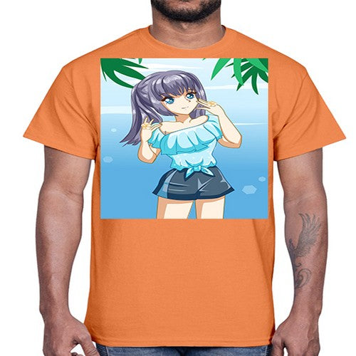 Cute and happy girl with blue shirt in summer 125#- anime- Cotton Tee
