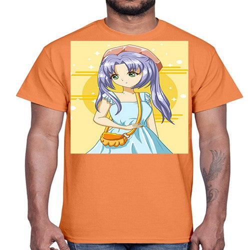 Cute and soft girl blue hair with blue dress in summer holiday 60#- anime- Cotton Tee