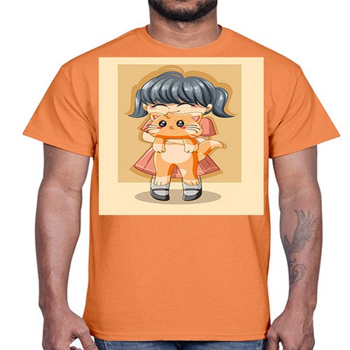 Cute girl with cat animal day 135#- anime- Cotton Tee