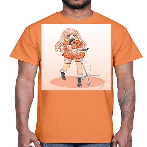 Happy and beautiful singer woman with microphone 160#- anime- Cotton Tee