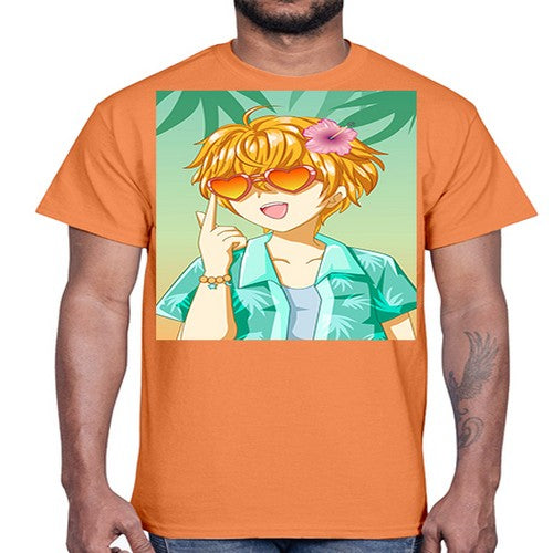 Happy and cute boy with glasses in beach in the summer 180#- anime- Cotton Tee