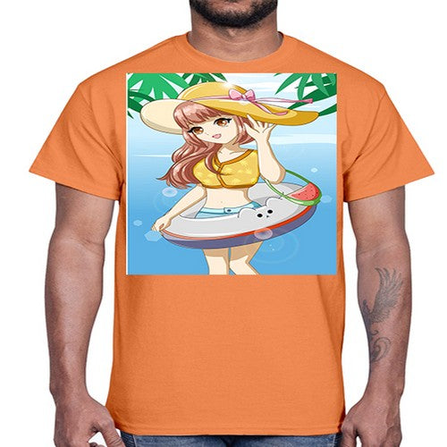 Happy and funny girl in beach with cute buoy in the summer 11#- anime- Cotton Tee
