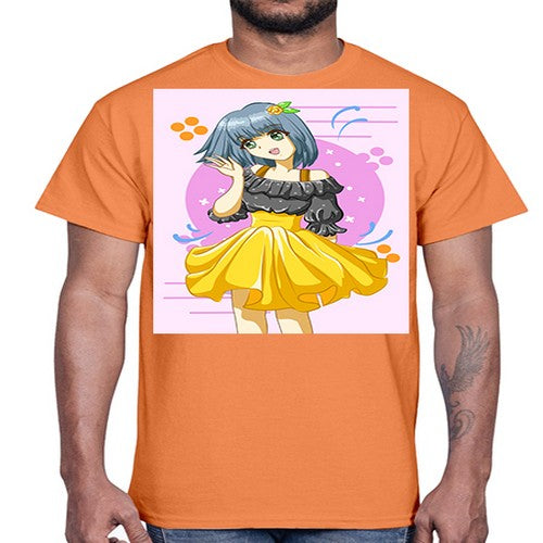 Happy and funny girl with black yellow dress in summer 41#- anime- Cotton Tee
