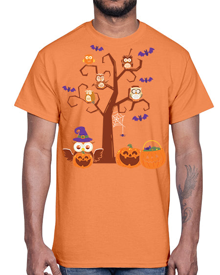 Owl With Pumpkin Halloween Tree A TurtleRabbit 16#- owl- Cotton Tee