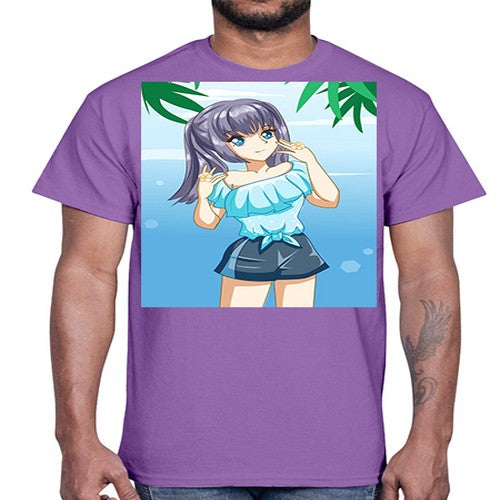 Cute and happy girl with blue shirt in summer 125#- anime- Cotton Tee