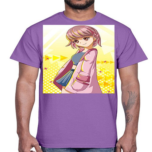 Cute and happy girl with pink coat 111#- anime- Cotton Tee