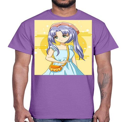 Cute and soft girl blue hair with blue dress in summer holiday 60#- anime- Cotton Tee