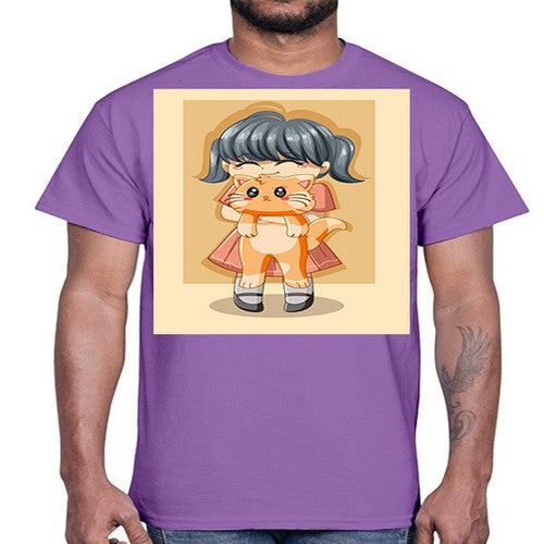 Cute girl with cat animal day 135#- anime- Cotton Tee