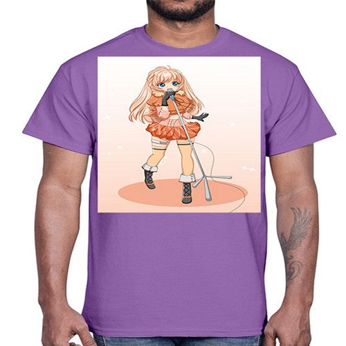Happy and beautiful singer woman with microphone 160#- anime- Cotton Tee