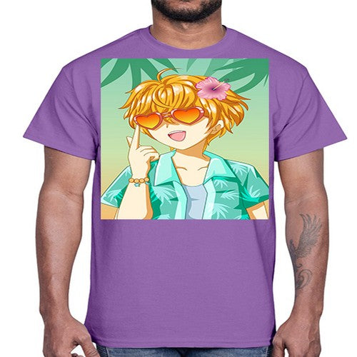 Happy and cute boy with glasses in beach in the summer 180#- anime- Cotton Tee