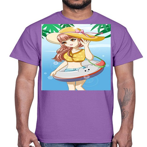 Happy and funny girl in beach with cute buoy in the summer 11#- anime- Cotton Tee