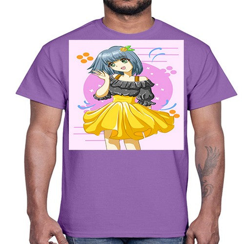 Happy and funny girl with black yellow dress in summer 41#- anime- Cotton Tee