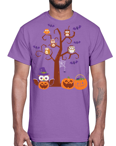Owl With Pumpkin Halloween Tree A TurtleRabbit 16#- owl- Cotton Tee