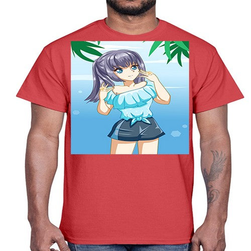 Cute and happy girl with blue shirt in summer 125#- anime- Cotton Tee