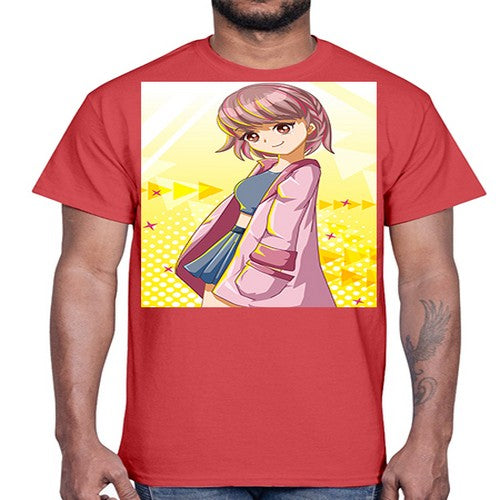Cute and happy girl with pink coat 111#- anime- Cotton Tee