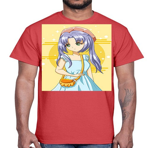 Cute and soft girl blue hair with blue dress in summer holiday 60#- anime- Cotton Tee