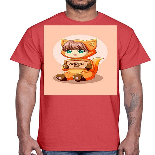 Cute girl with animal costume in animal day text 137#- anime- Cotton Tee