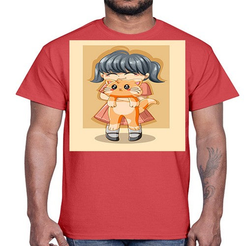 Cute girl with cat animal day 135#- anime- Cotton Tee