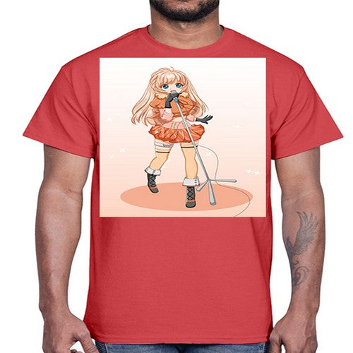 Happy and beautiful singer woman with microphone 160#- anime- Cotton Tee