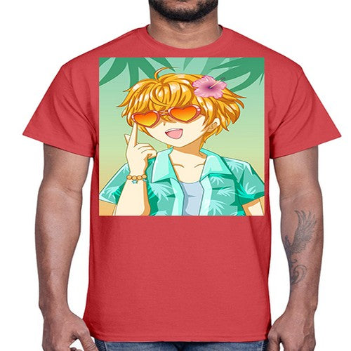 Happy and cute boy with glasses in beach in the summer 180#- anime- Cotton Tee