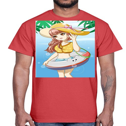 Happy and funny girl in beach with cute buoy in the summer 11#- anime- Cotton Tee