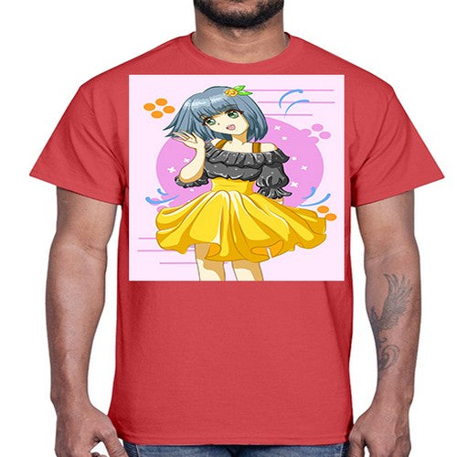 Happy and funny girl with black yellow dress in summer 41#- anime- Cotton Tee