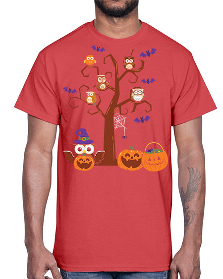 Owl With Pumpkin Halloween Tree A TurtleRabbit 16#- owl- Cotton Tee
