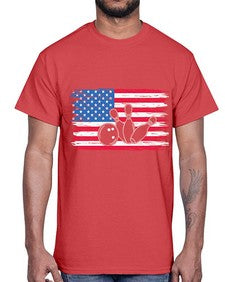 bowling pins usa flag american 278#- bowling- Cotton Tee