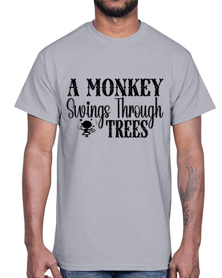 A monkey swings through trees - monkey- Cotton Tee