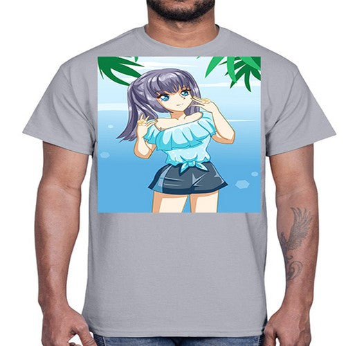 Cute and happy girl with blue shirt in summer 125#- anime- Cotton Tee
