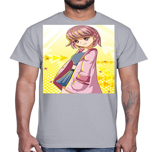 Cute and happy girl with pink coat 111#- anime- Cotton Tee