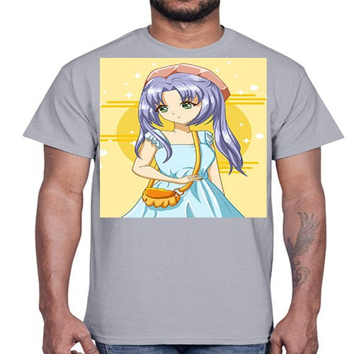 Cute and soft girl blue hair with blue dress in summer holiday 60#- anime- Cotton Tee