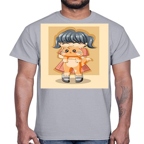 Cute girl with cat animal day 135#- anime- Cotton Tee