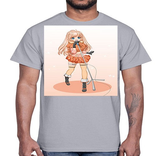 Happy and beautiful singer woman with microphone 160#- anime- Cotton Tee