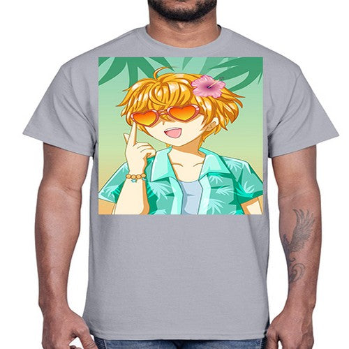 Happy and cute boy with glasses in beach in the summer 180#- anime- Cotton Tee