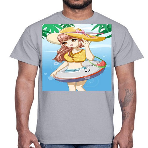 Happy and funny girl in beach with cute buoy in the summer 11#- anime- Cotton Tee