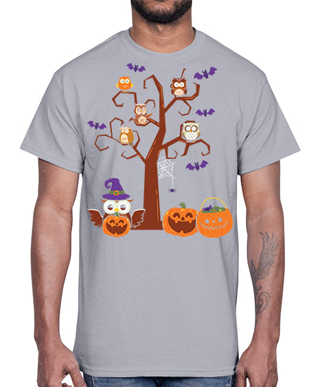 Owl With Pumpkin Halloween Tree A TurtleRabbit 16#- owl- Cotton Tee