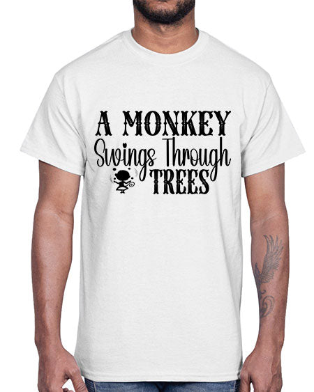 A monkey swings through trees - monkey- Cotton Tee
