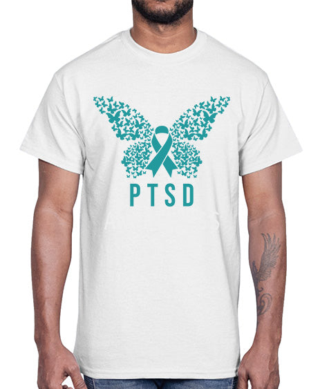 Butterfly PTSD Awareness Teal Ribbon 26#- PTSD- Cotton Tee