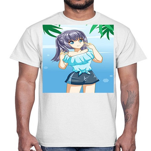 Cute and happy girl with blue shirt in summer 125#- anime- Cotton Tee