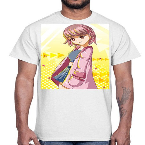 Cute and happy girl with pink coat 111#- anime- Cotton Tee