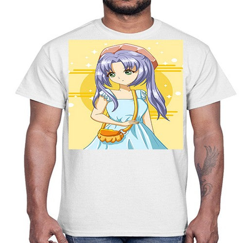 Cute and soft girl blue hair with blue dress in summer holiday 60#- anime- Cotton Tee
