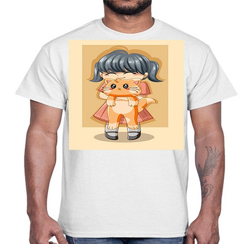Cute girl with cat animal day 135#- anime- Cotton Tee