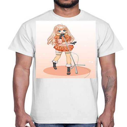 Happy and beautiful singer woman with microphone 160#- anime- Cotton Tee