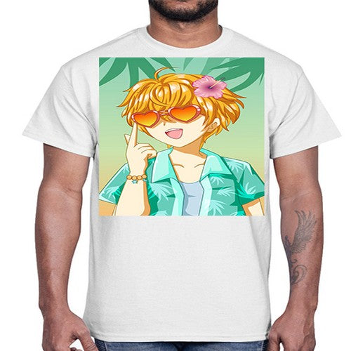 Happy and cute boy with glasses in beach in the summer 180#- anime- Cotton Tee