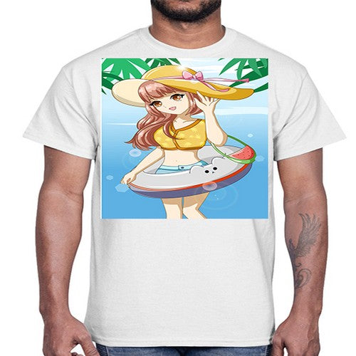 Happy and funny girl in beach with cute buoy in the summer 11#- anime- Cotton Tee