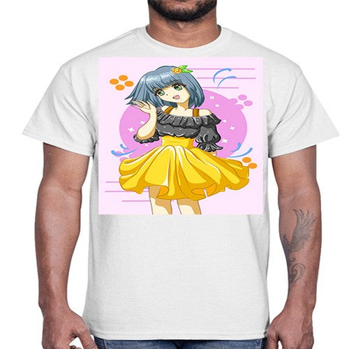 Happy and funny girl with black yellow dress in summer 41#- anime- Cotton Tee