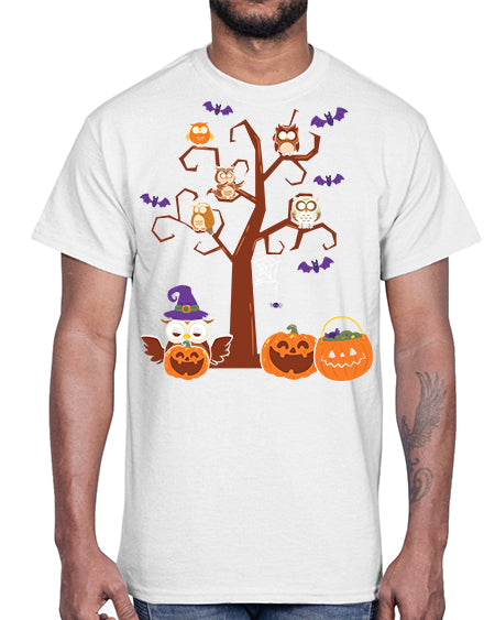Owl With Pumpkin Halloween Tree A TurtleRabbit 16#- owl- Cotton Tee