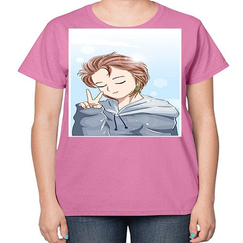 Cute boy brown hair with blue jacket 126# - anime-  Ladies T-Shirt