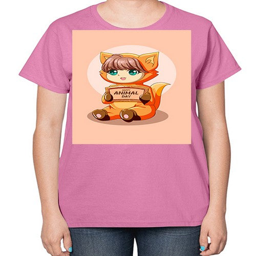 Cute girl with animal costume in animal day text 137# - anime-  Ladies T-Shirt